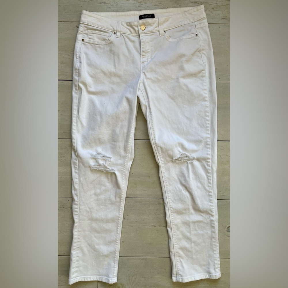 White House Black Market Women’s White Jeans Slim Crop Contour Distress Knees 8